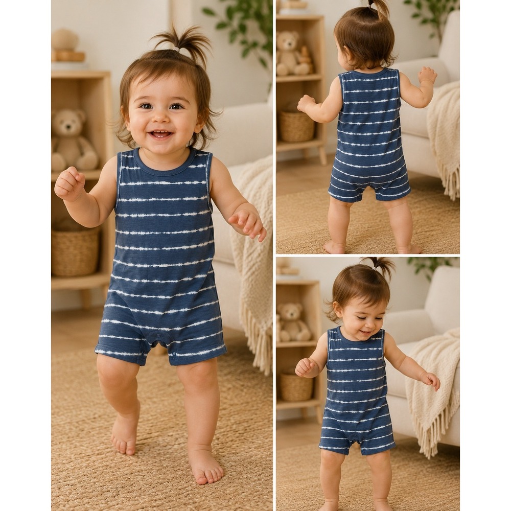 Nordstrom Baby Boy Girl 12 Months Unisex Blue Tie Dye Striped Sleeveless Romper